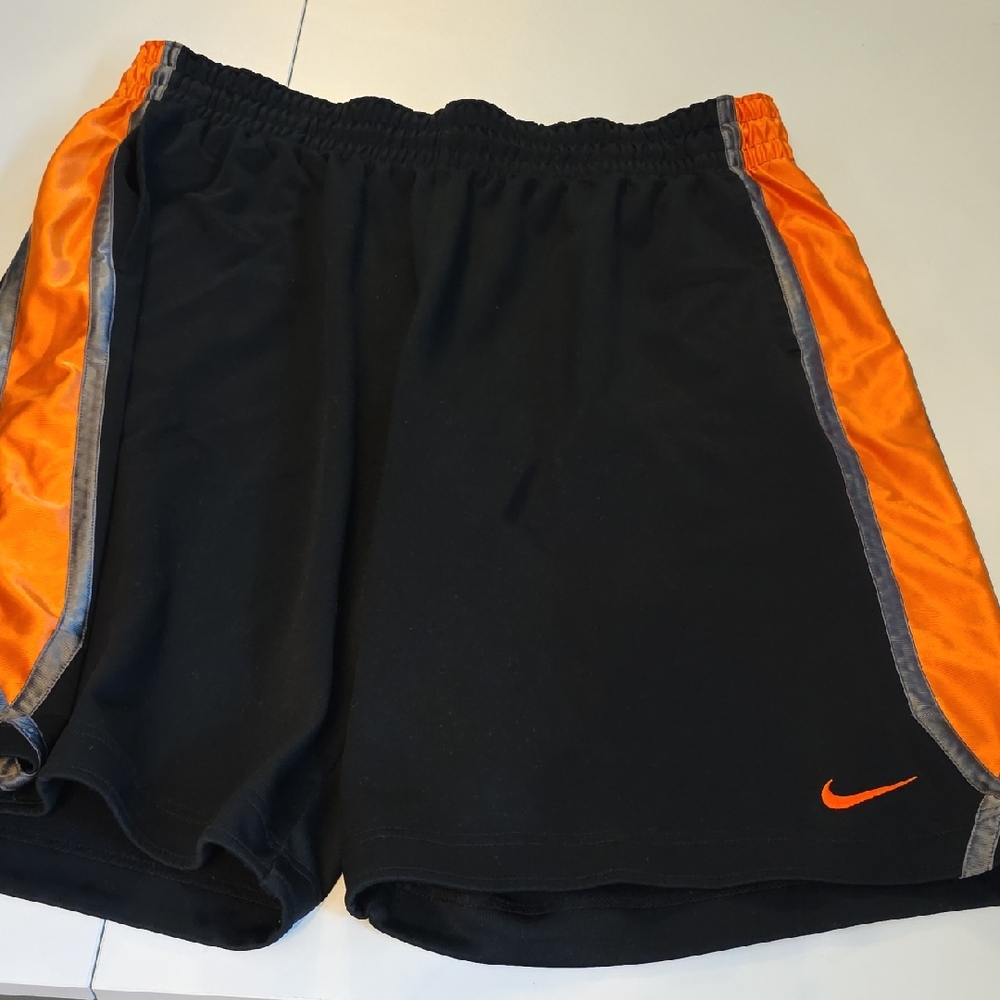 Nike Black Athletic basketball Shorts with Orange and Gray Stripes